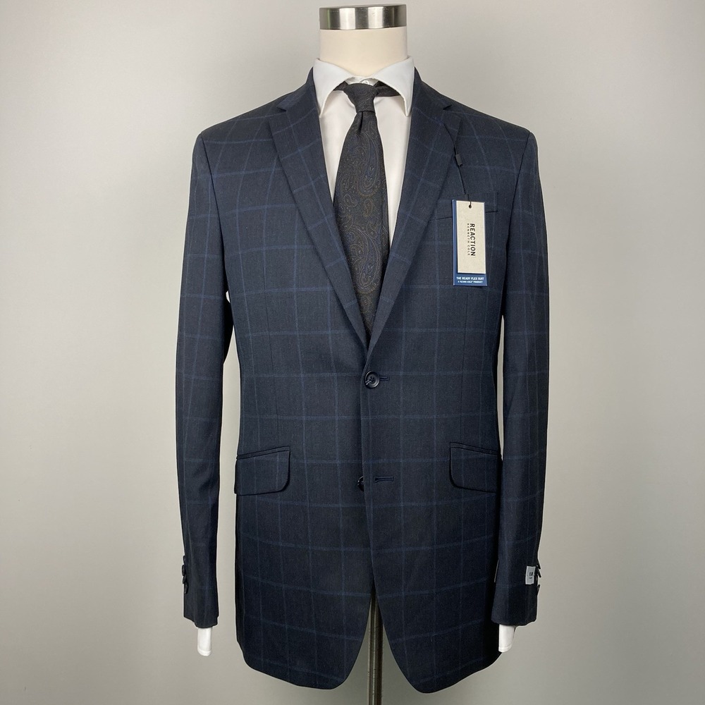 Kenneth Cole‎ Mens Blazer Jacket 40L Dark Blue Plaid